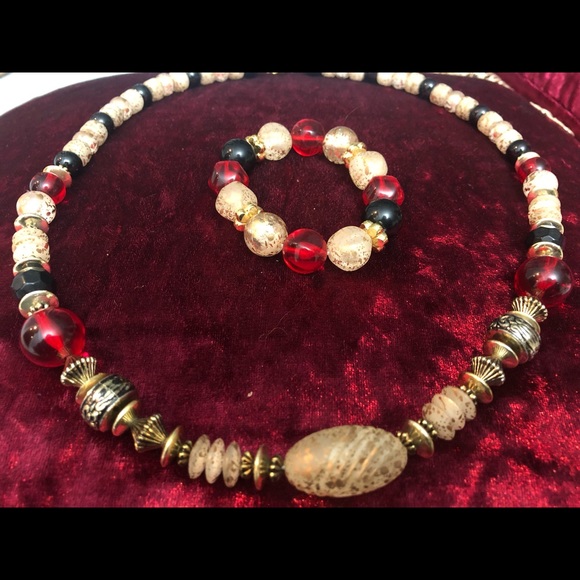 Jewelry - Gold,red,black beaded necklace and bracelet